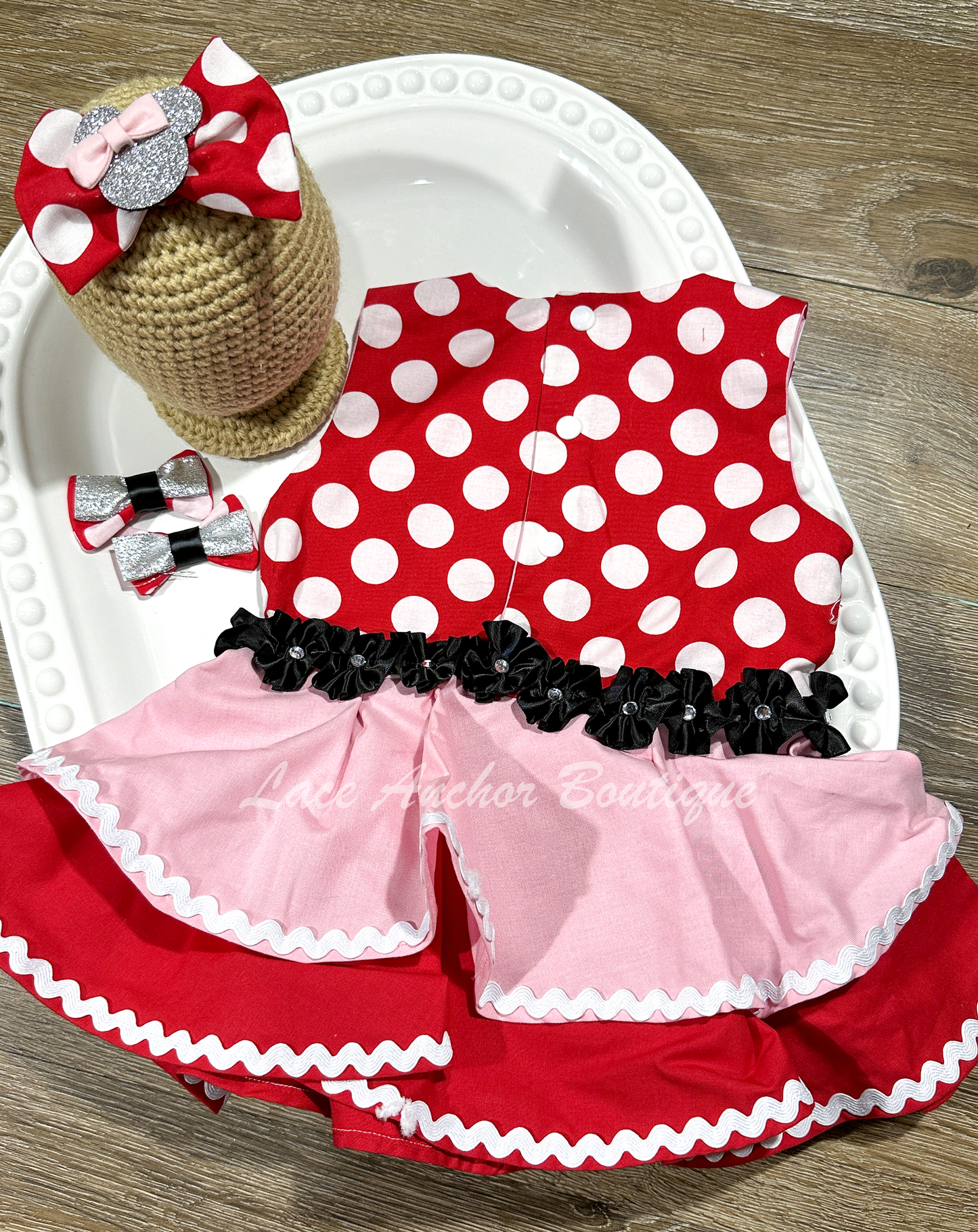 Toddler girls mouse polka dotted dress for pageant or second birthday party photoshoot. Red and pink floral baby girls dress.