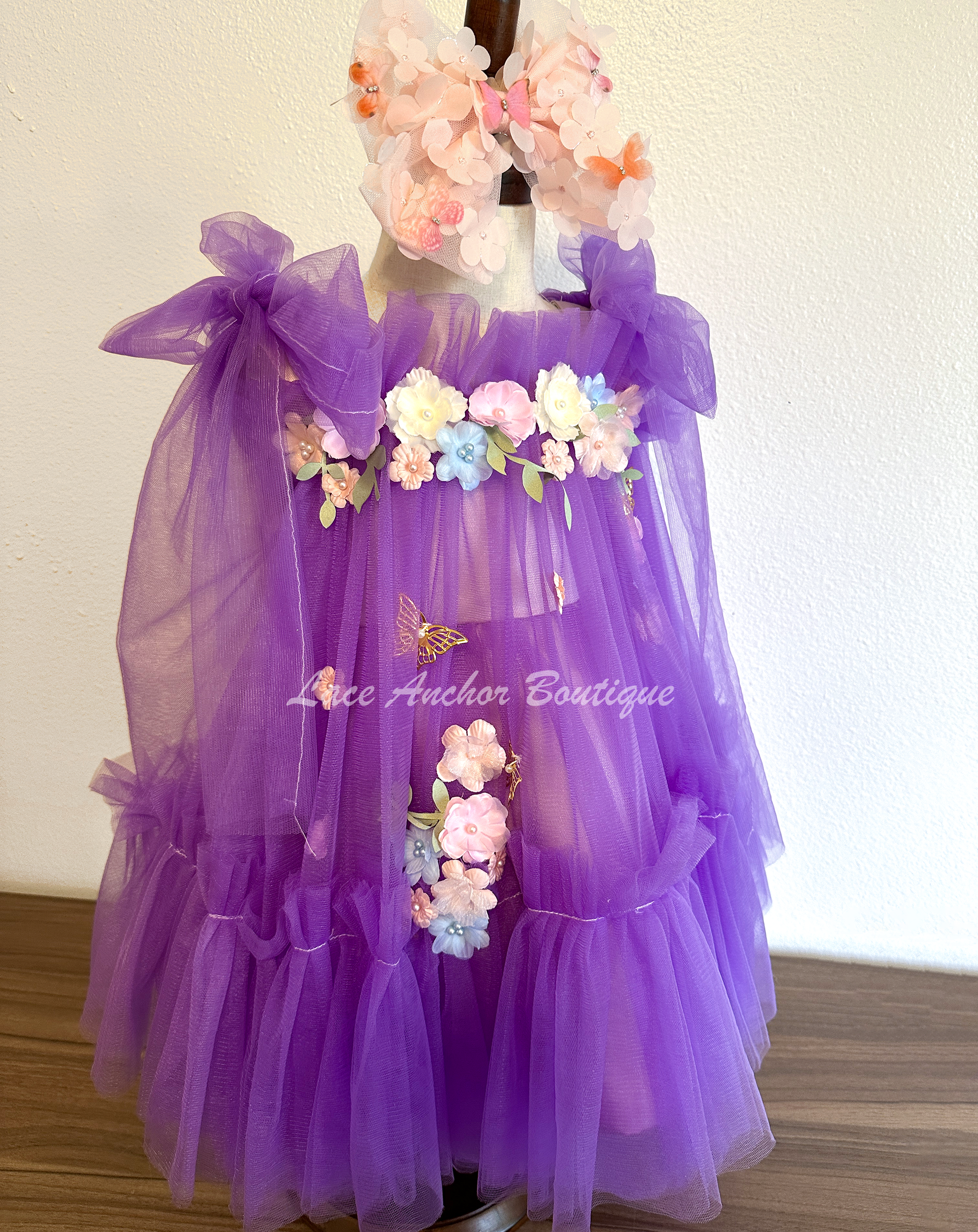 butterfly wing floral fairy toddler girls dress in violet purple.