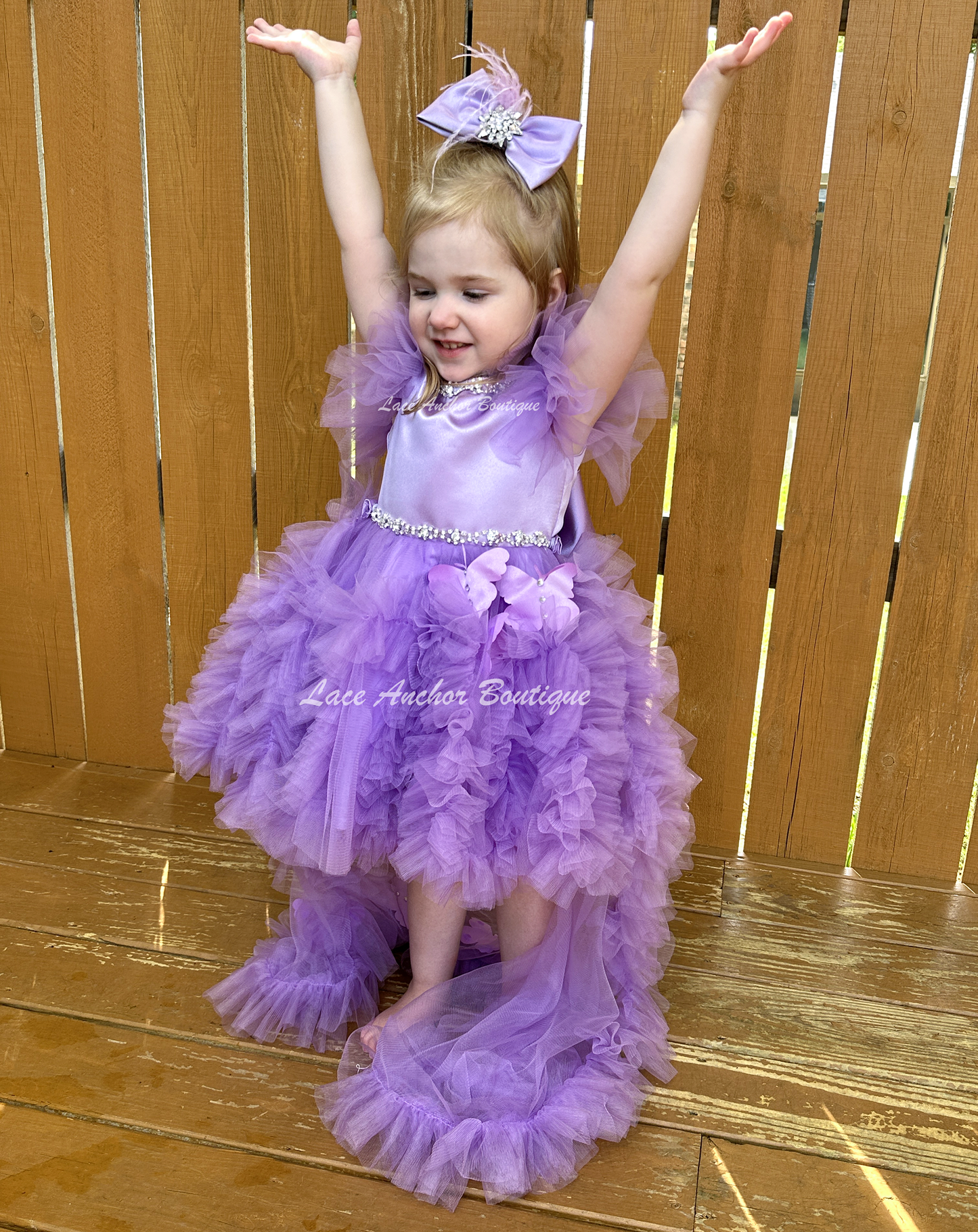 lilac purple toddler girls butterfly and ruffled short tulle dress with detachable long train and ruffled sleeves with large bow on back and rhinestone trim