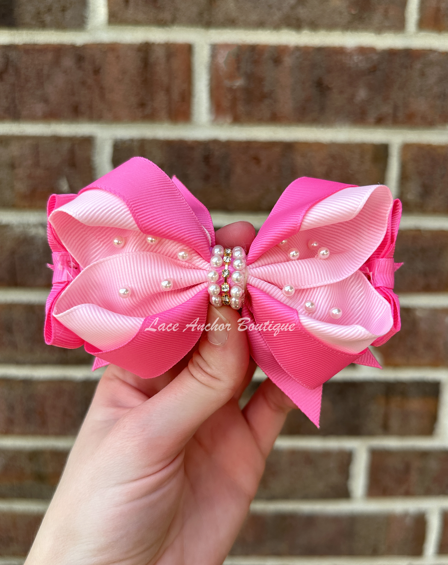 Double Pink Pearl Ribbon Bow