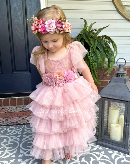 mauve pink girls lace tiered ruffle maxi dress, tulle sleeves, and tied floral flower sash. Spring flower girl dress.