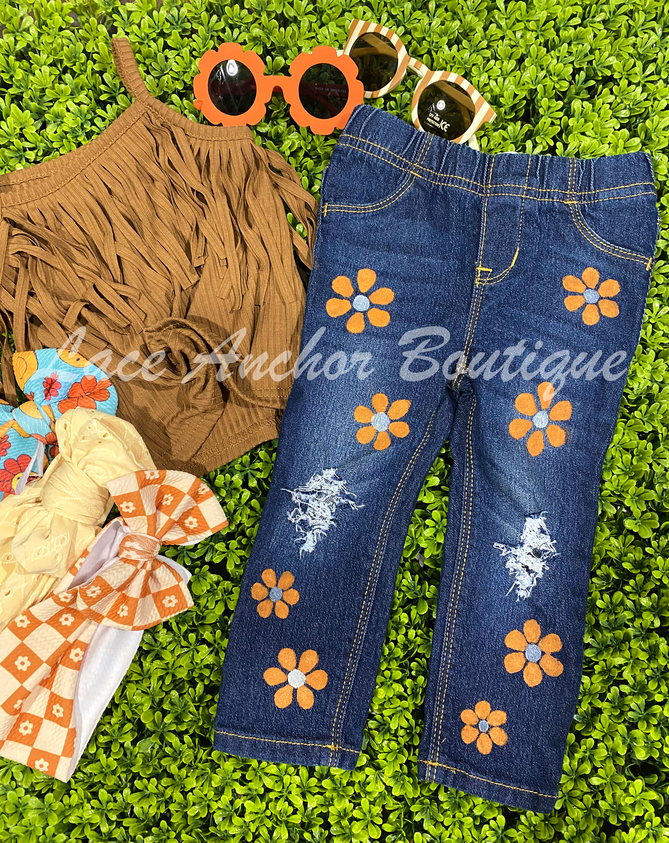 Off White Denim Jeans With Floral Grapes Embroid