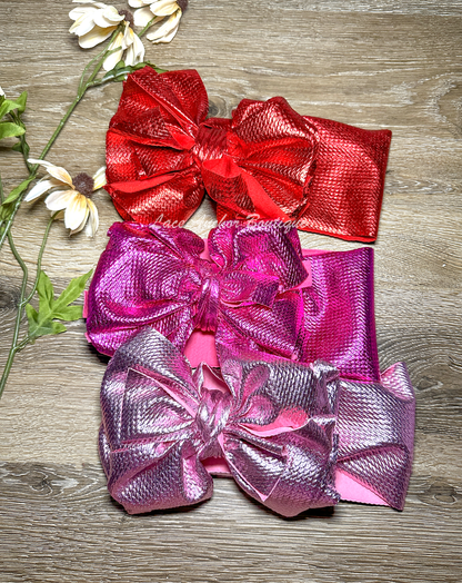 metallic hot pink, light pink, and red shiny glitter mega jumbo sized hair bow wrap for baby