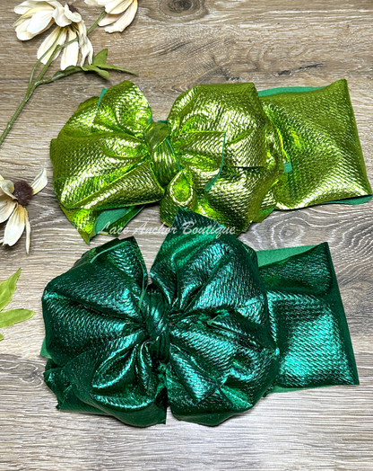 deep green or lime green metallic mega sized baby head wrap bows.