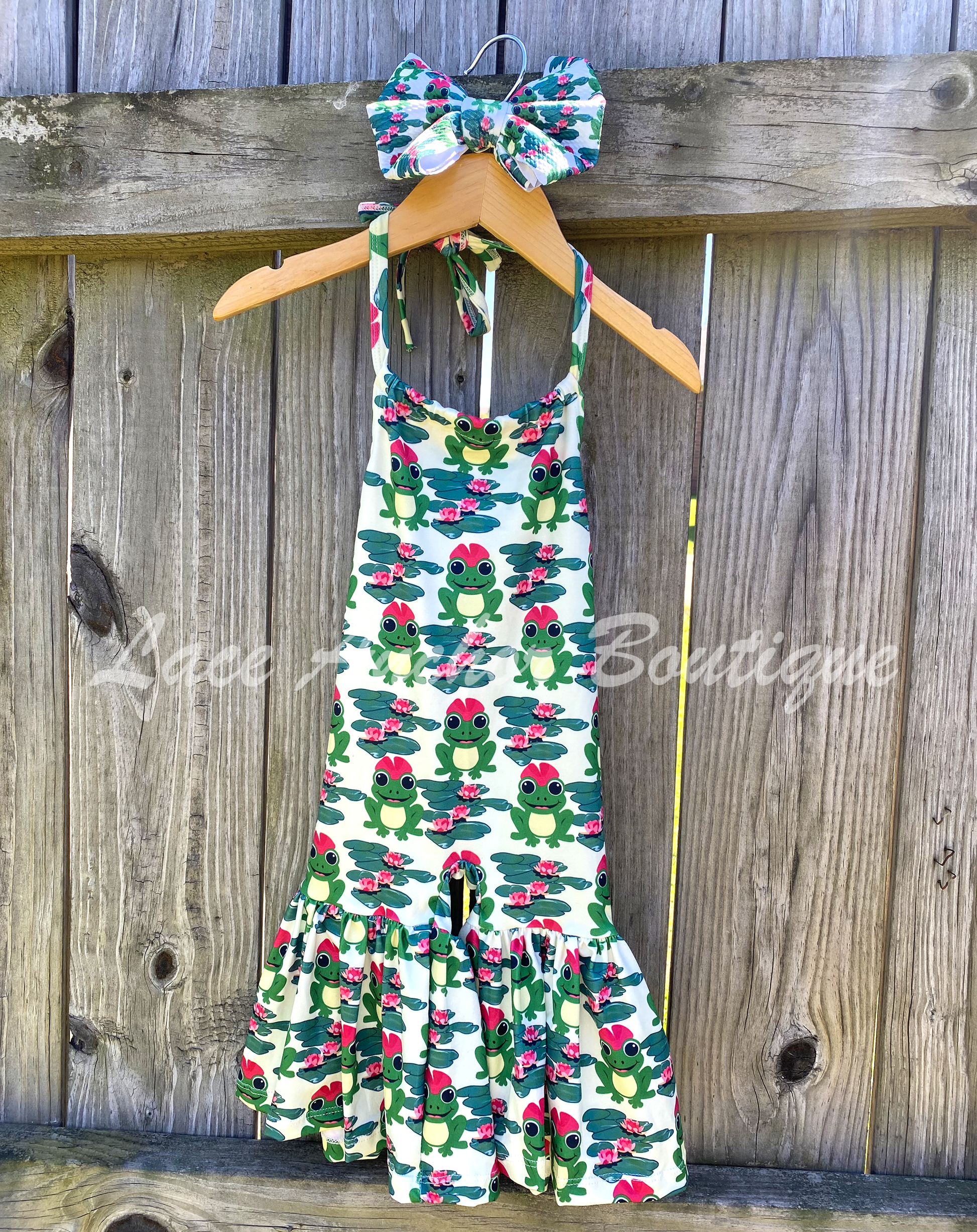 Girls Original Custom Green and Pink Frog Print Design Halter Neck Bell Bottom Jumpsuit