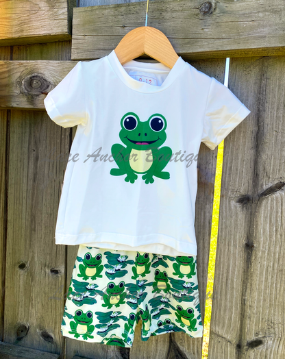 Boys Original Custom Green and White Frog Print Design Tee & Short Set - T-Shirt and Elastic Short