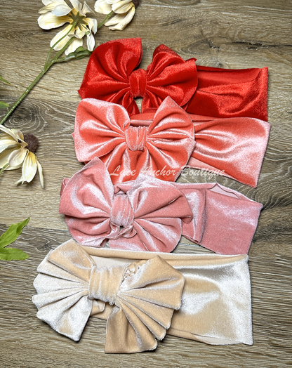 velvet baby girls hair bows wrap style in mauve pink, ivory, coral, and red