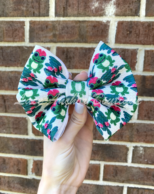 Girls Original Custom Green and Pink Frog Print Design Hair Bow Clip or Wrap Style Bow