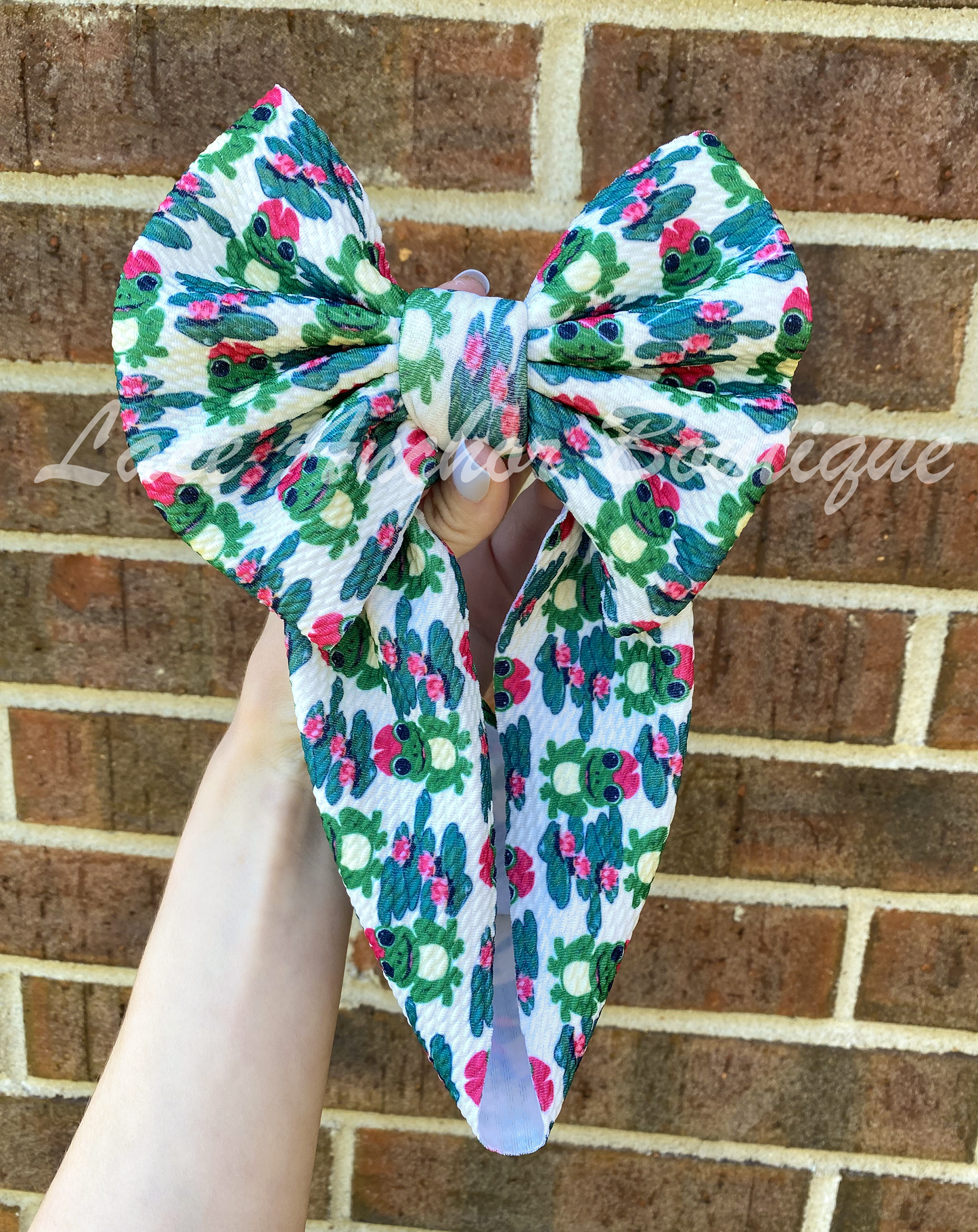 Girls Original Custom Green and Pink Frog Print Design Hair Bow Clip or Wrap Style Bow