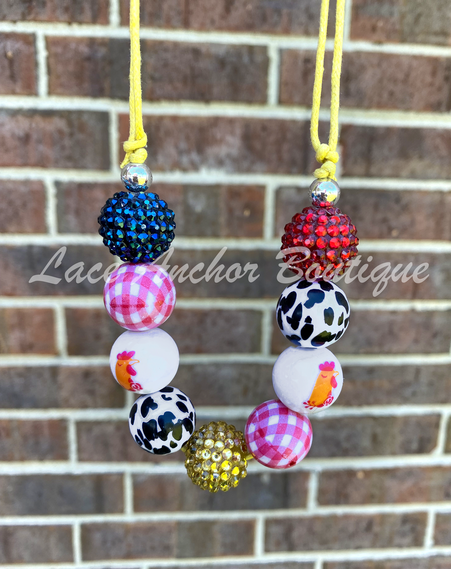 Chicken Checkered Bubble Necklace - Farm Red, Black, White Children's Necklaces 
