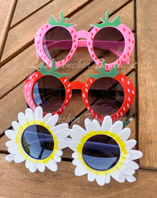 Kids Strawberry or Flower Shaped Sunglasses - Daisy, Pink, or Red Children's Sunnies