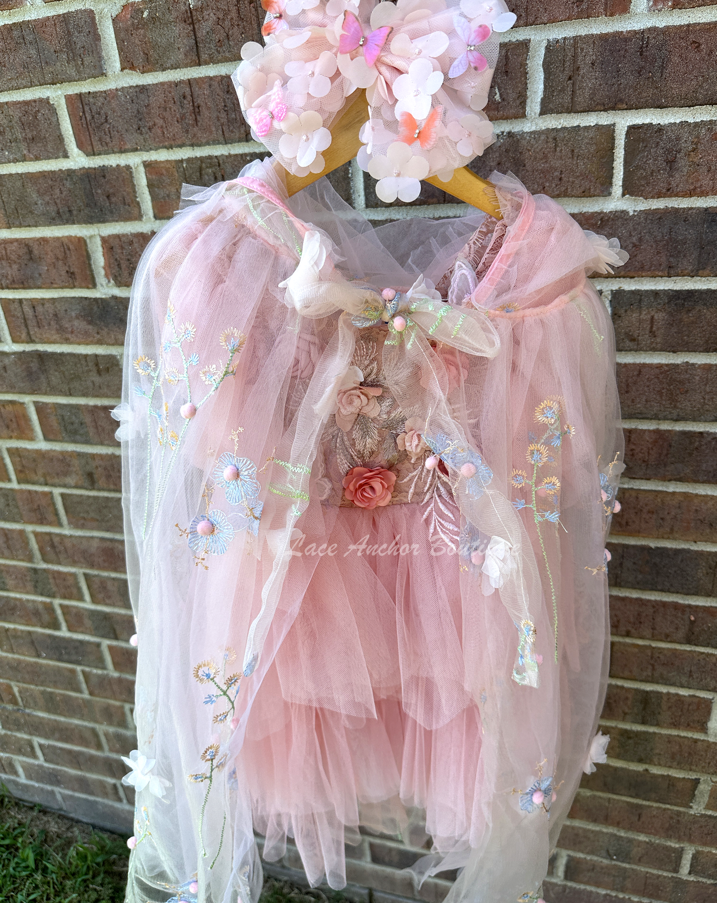 pink tulle embroidered flower girls cape with hood