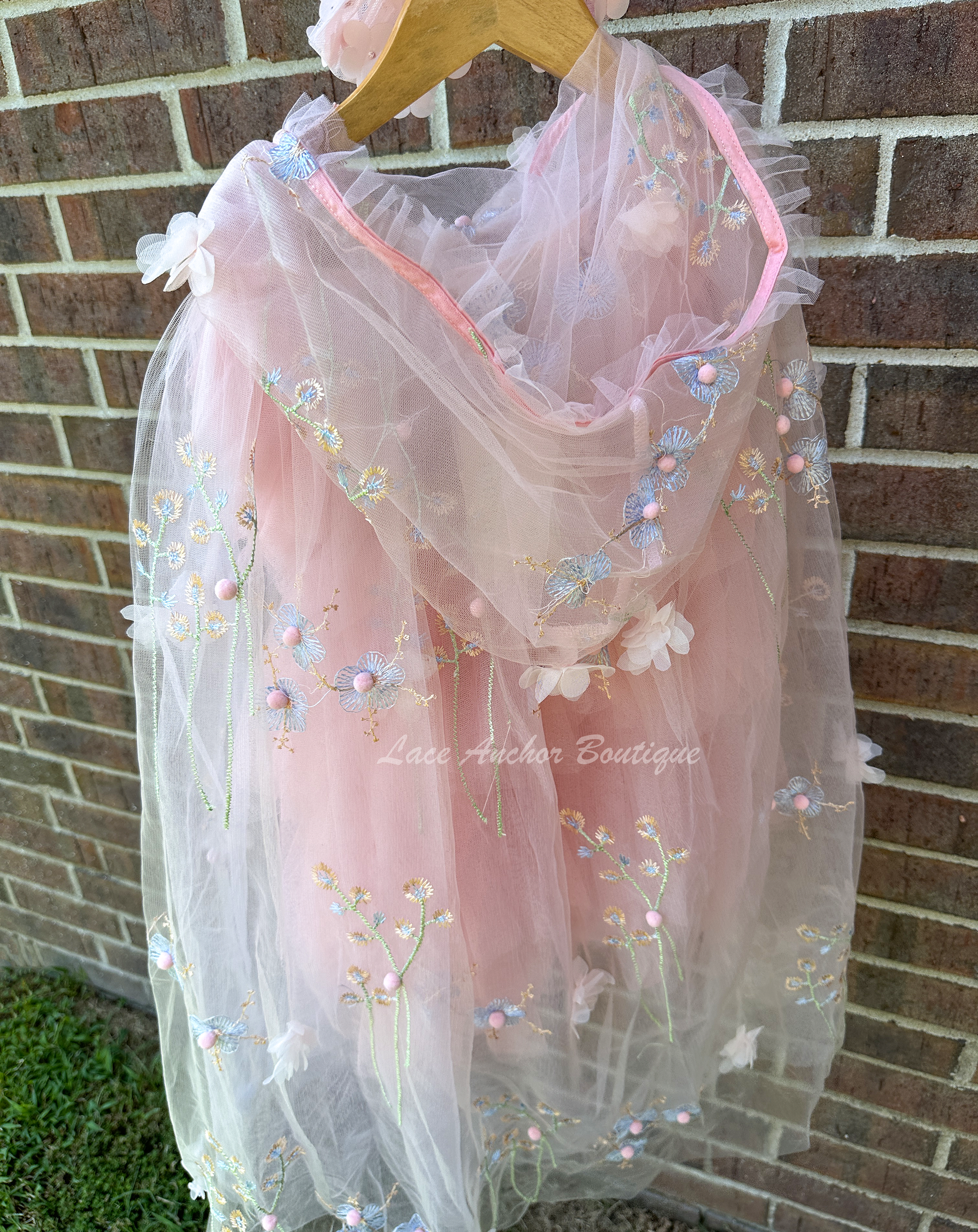 pink tulle embroidered flower girls cape with hood