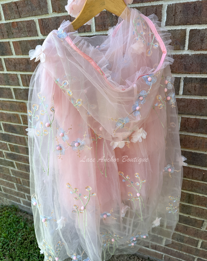 pink tulle embroidered flower girls cape with hood