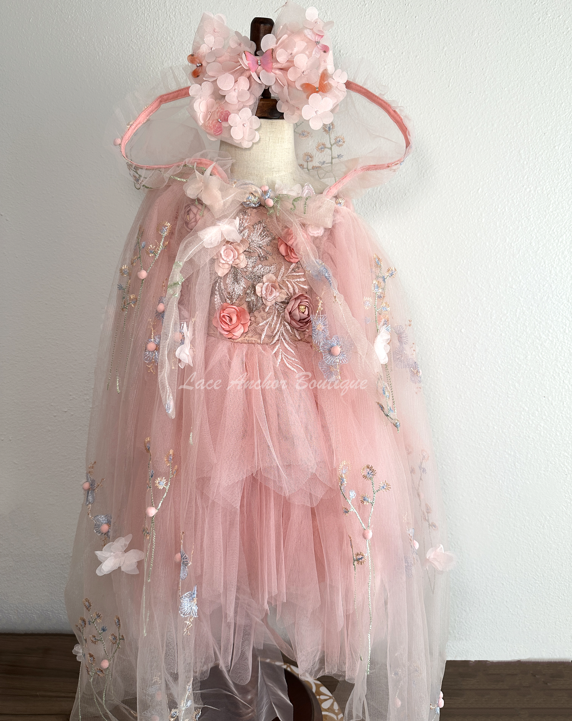 pink tulle embroidered flower girls cape with hood