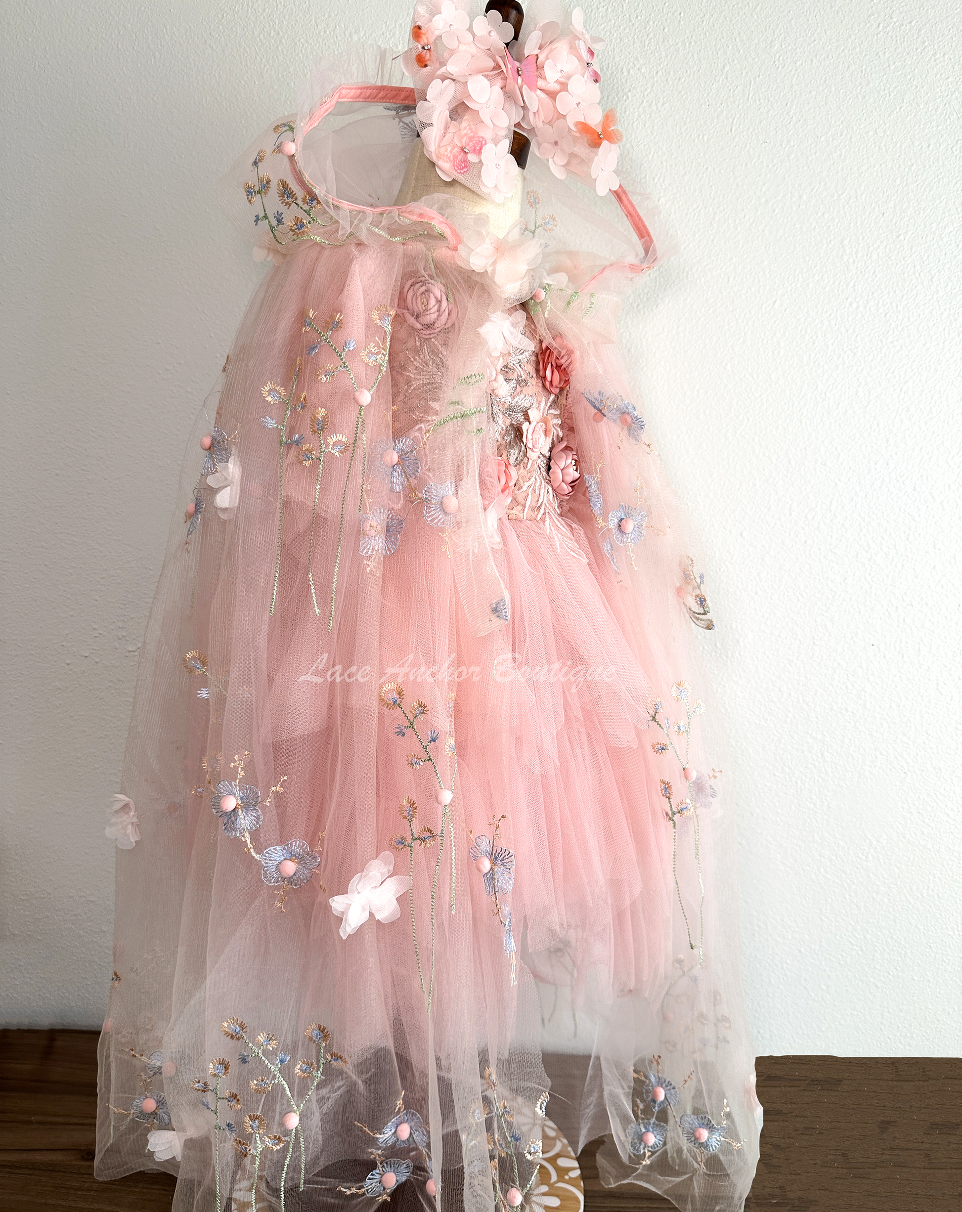 pink tulle embroidered flower girls cape with hood