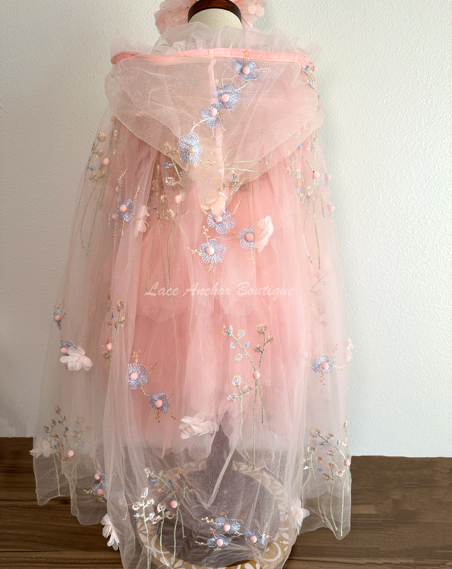 pink tulle embroidered flower girls cape with hood