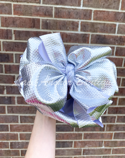 Toddler Pleather Mega Bow Wraps - Baby Silver Metallic Textured Jumbo Hair Wrap