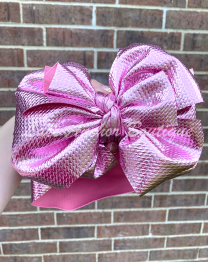 Pink Toddler Pleather Mega Bow Wraps - Baby Hot Pink Metallic Textured Jumbo Hair Wrap