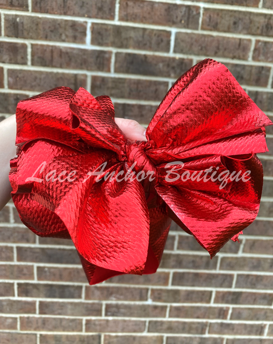 Red Toddler Pleather Mega Bow Wraps - Baby Red Metallic Textured Jumbo Hair Wrap