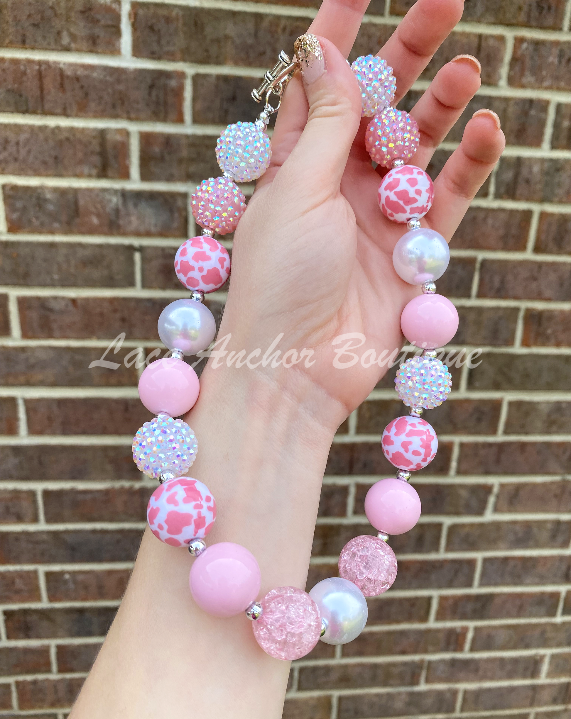 Kids Girly Light Pink & Pink Leopard Bubble Necklace - Rhinestone Kids Necklace