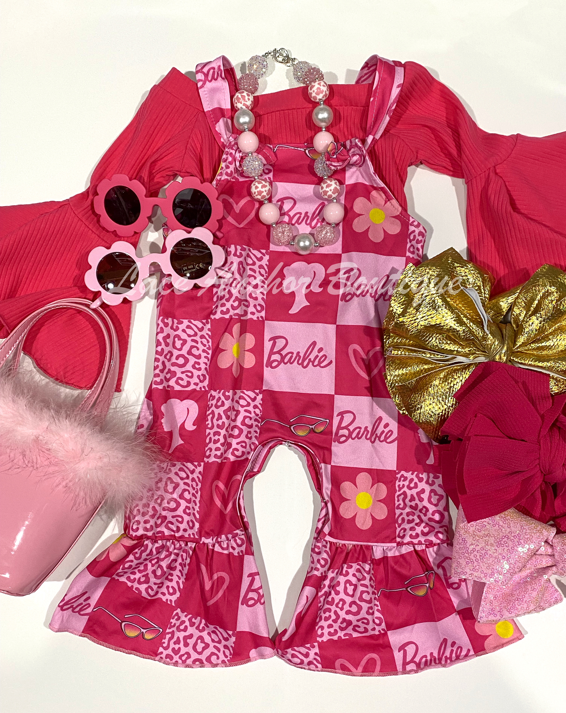 Barbie Girl Hot Pink, Leopard, Floral Tied Shoulder Bell Bottom Overalls