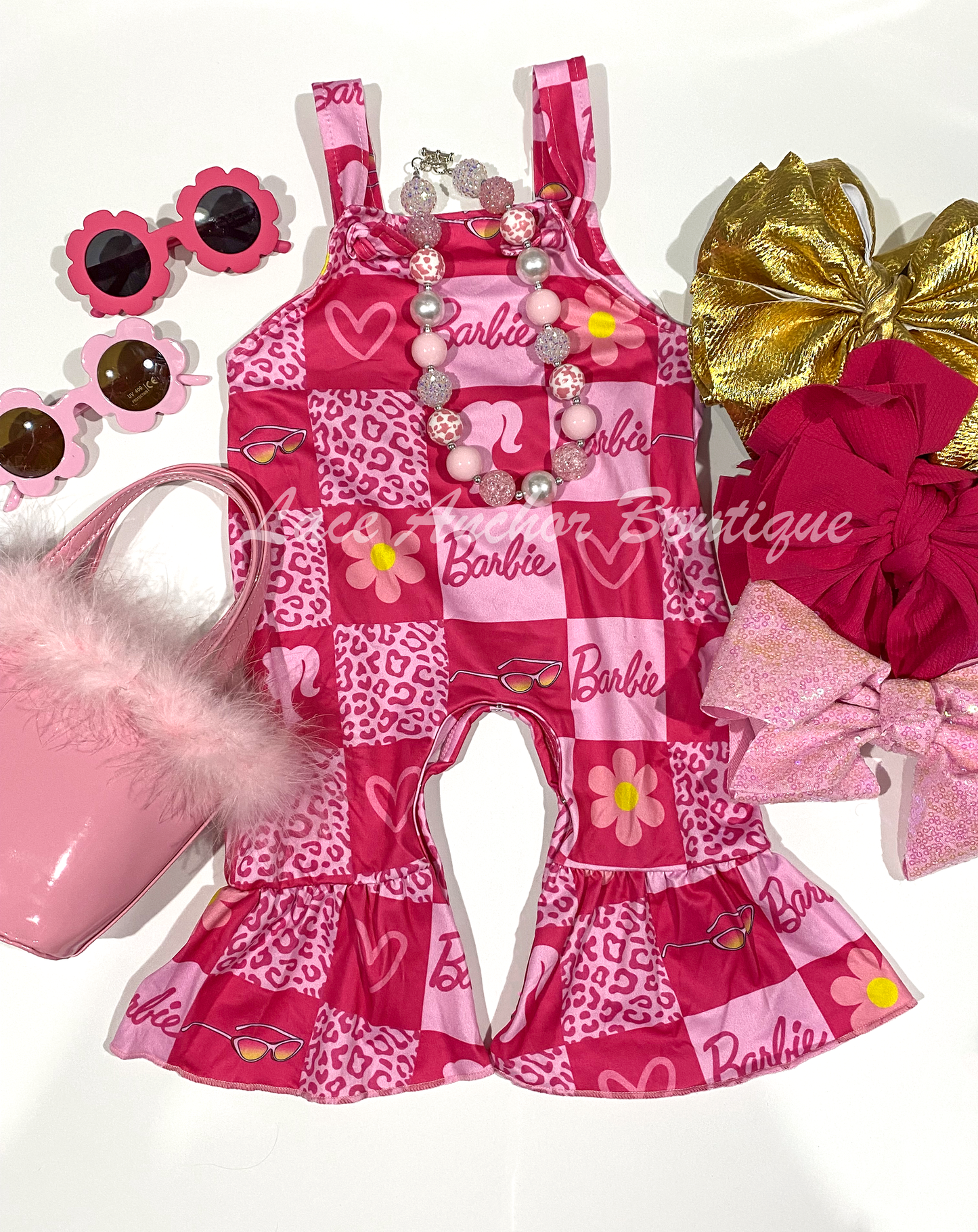 Barbie Girl Hot Pink, Leopard, Floral Tied Shoulder Bell Bottom Overalls