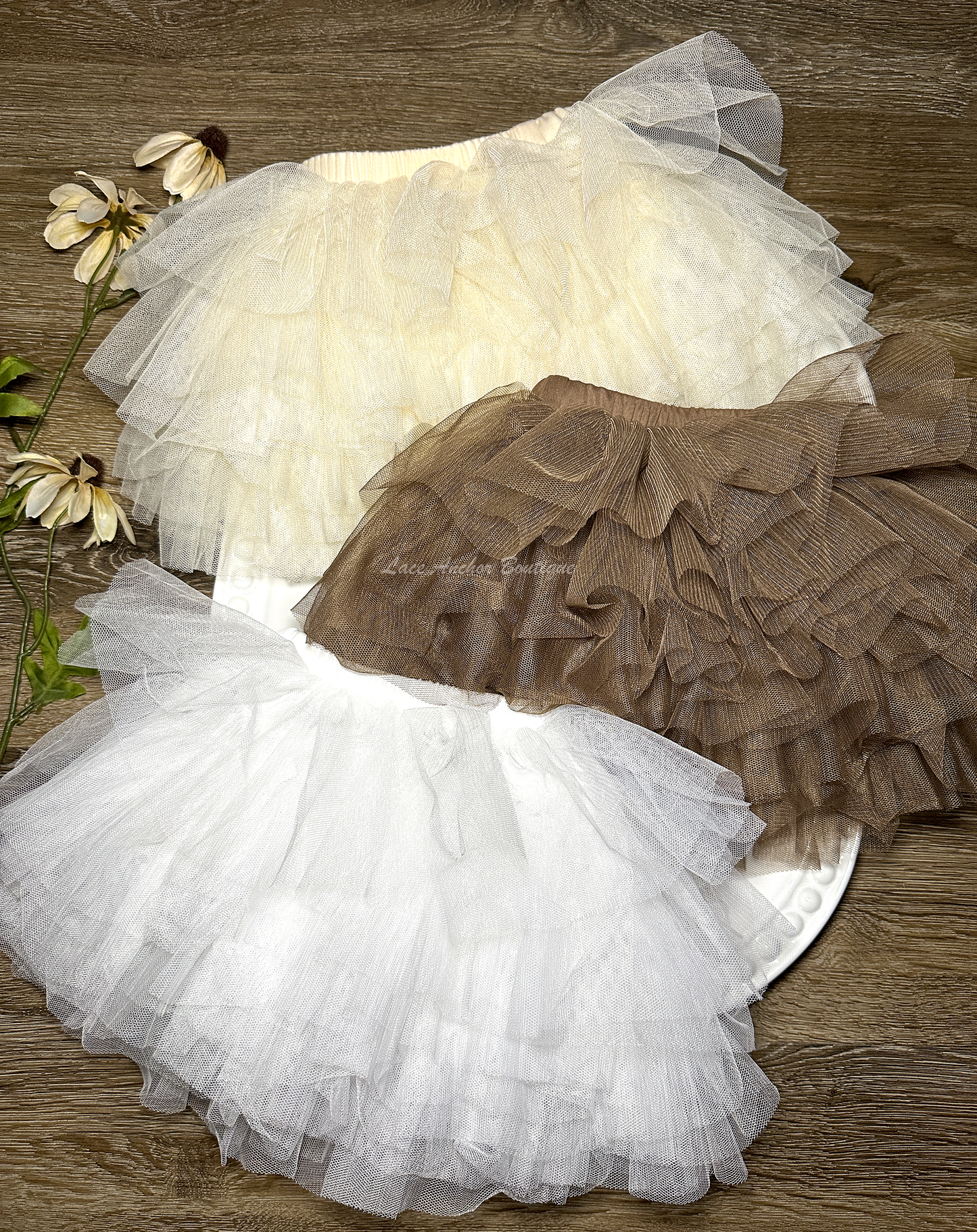 white, brown, and ivory tutu skirts made of tulle for girls