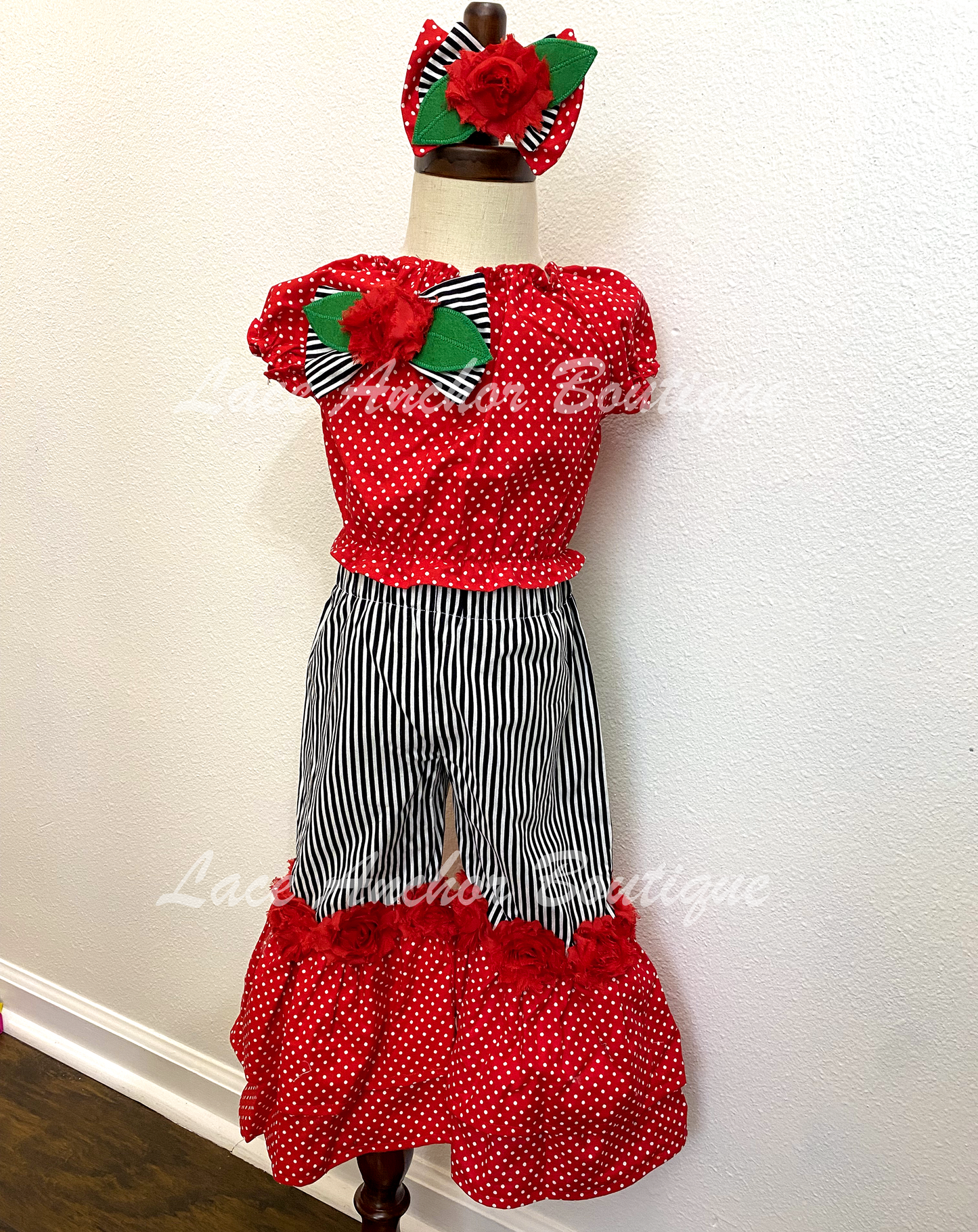 Girls 18M-2T One-of-a-Kind Red Rose Themed Outfit - Polka Dot & Stripes for Birthday or Pageant
