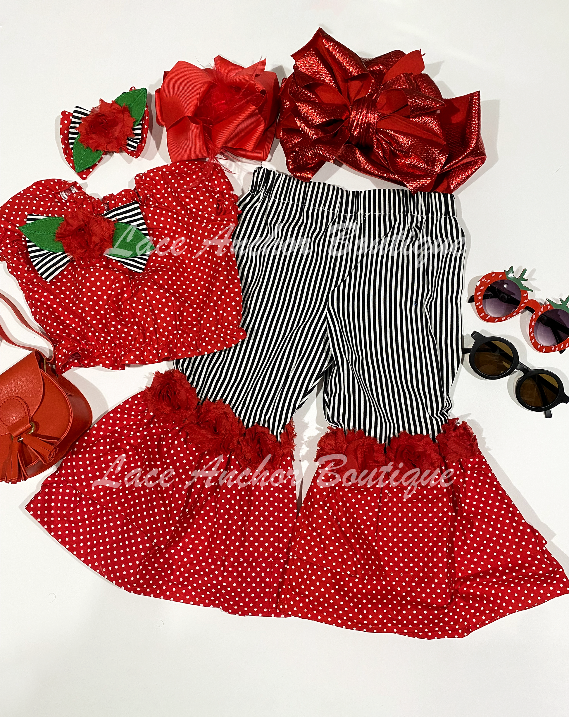 Girls 18M-2T One-of-a-Kind Red Rose Themed Outfit - Polka Dot & Stripes for Birthday or Pageant