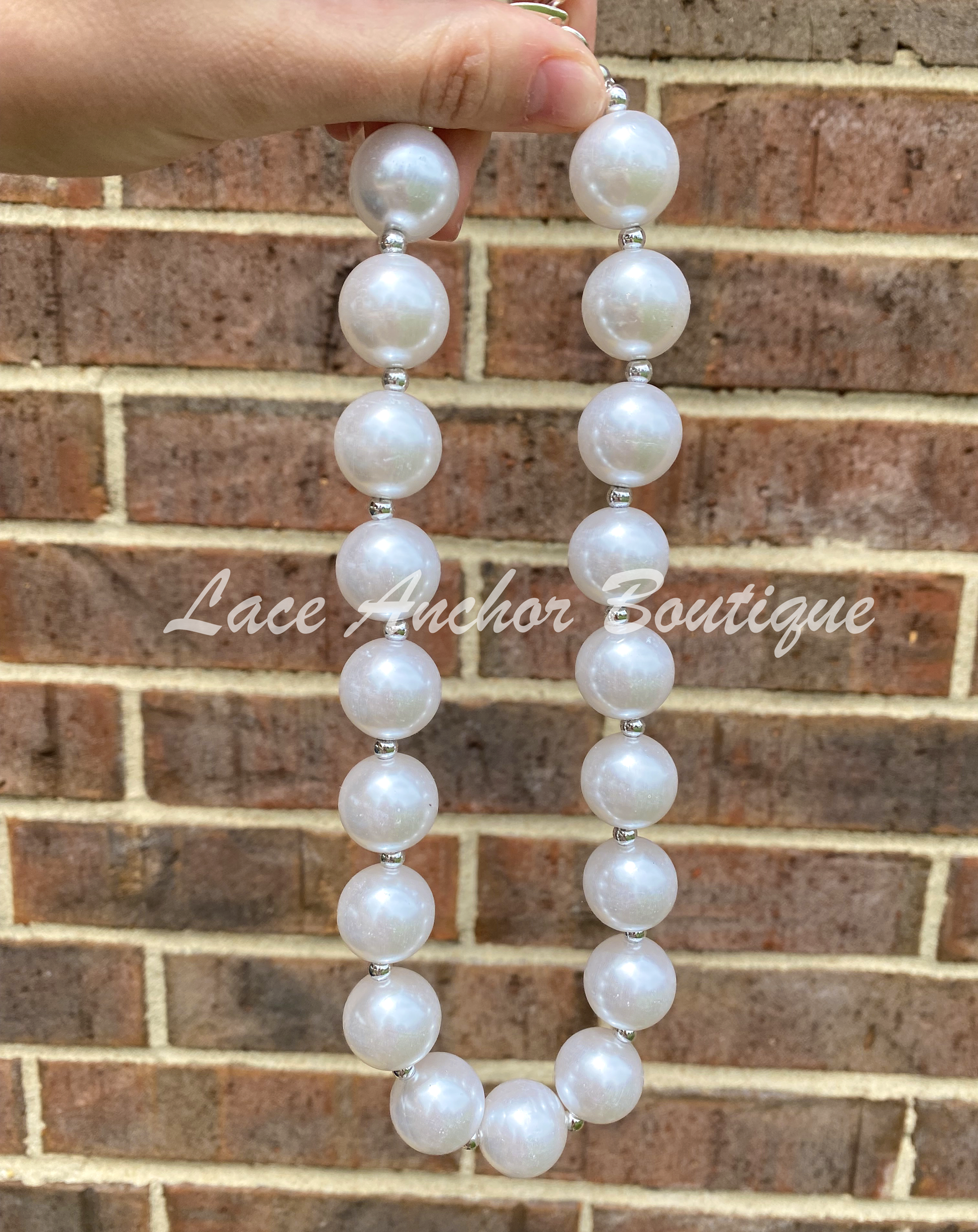 white pearl baby girls toddler necklace. Bubble bead necklace for kids.
