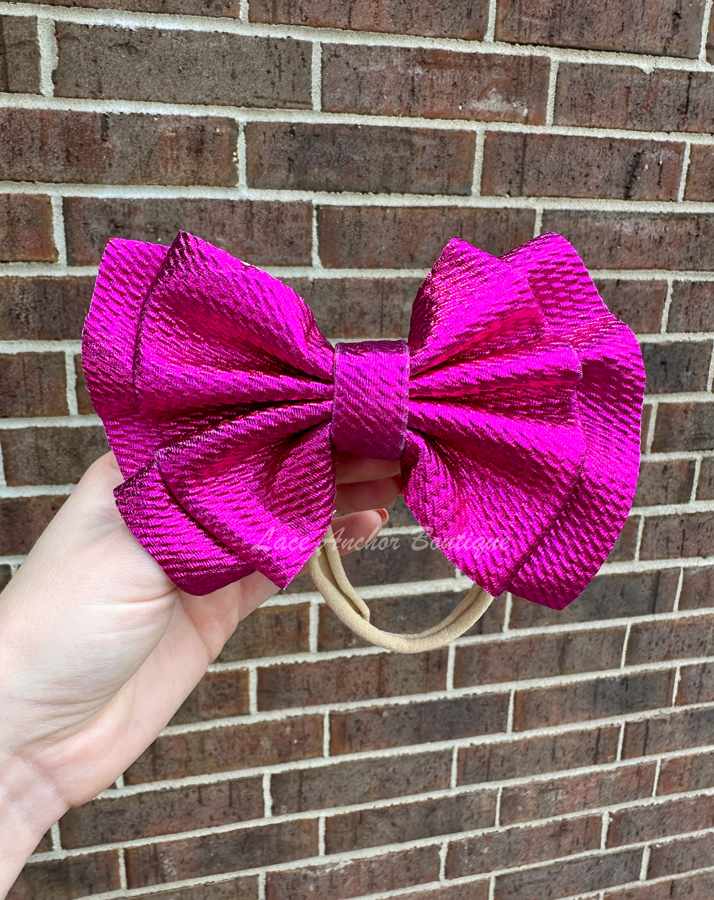 metallic hot pink shiny glitter mega jumbo sized hair bow wraps for baby on nylon band