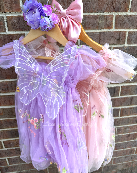 lilac purple or light  pink girls floral embroidered tulle dress with embroidered fairy wings