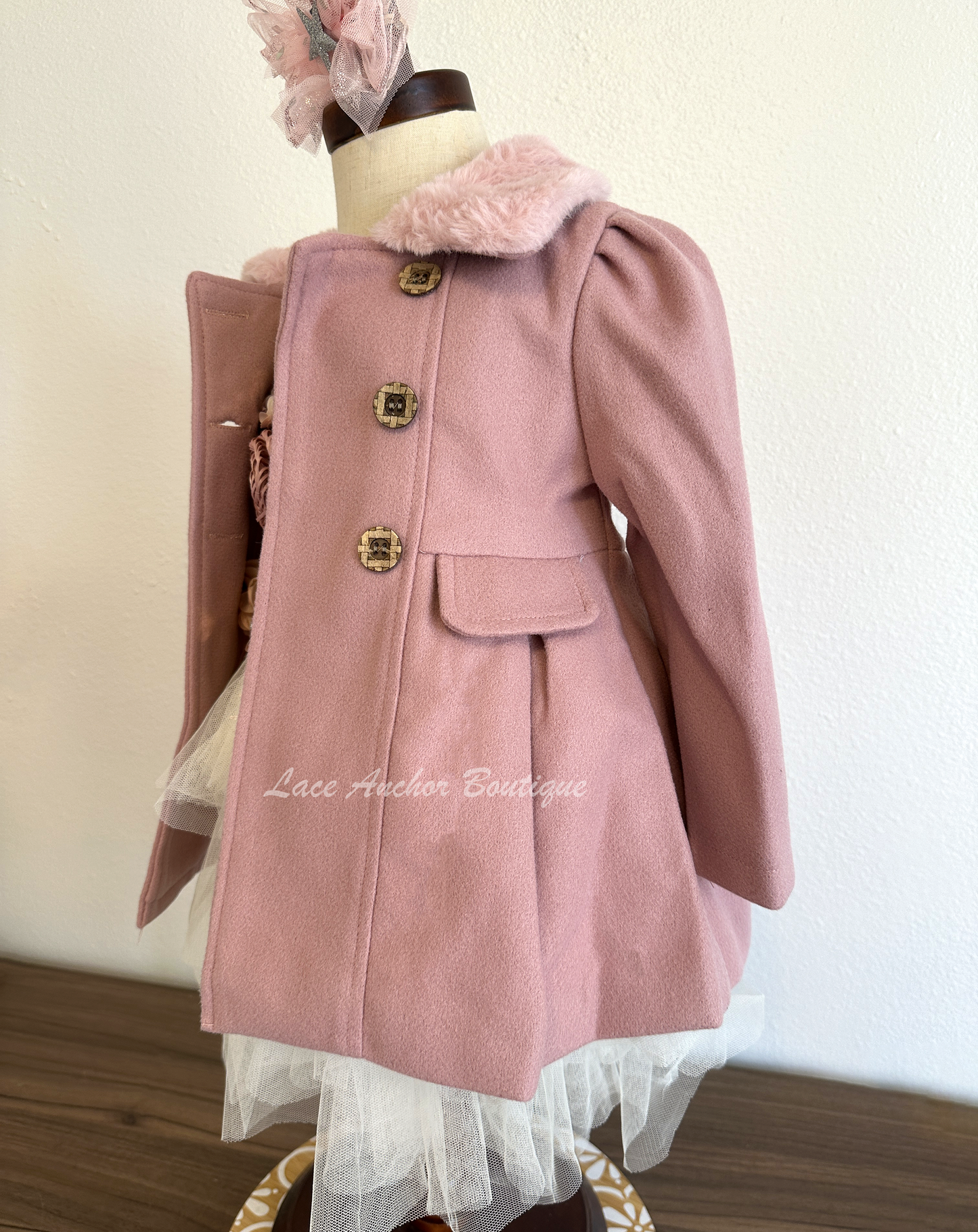 mauve pink coat for girls with faux fur trim, button closure, and silky lining