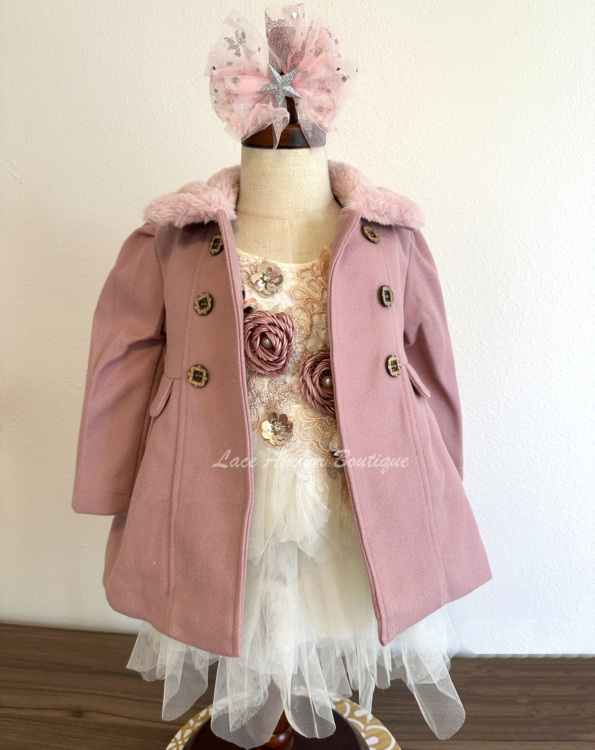 mauve pink coat for girls with faux fur trim, button closure, and silky lining