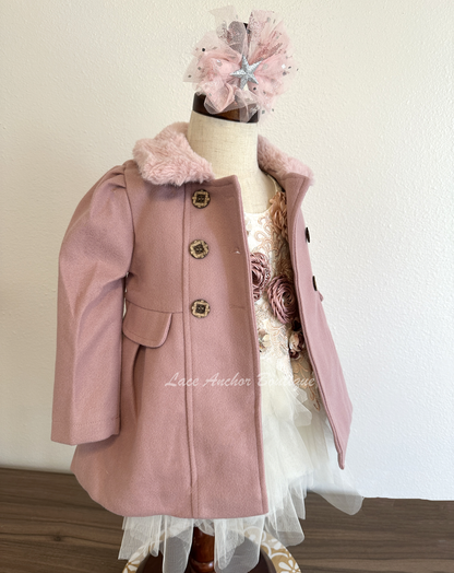 mauve pink coat for girls with faux fur trim, button closure, and silky lining