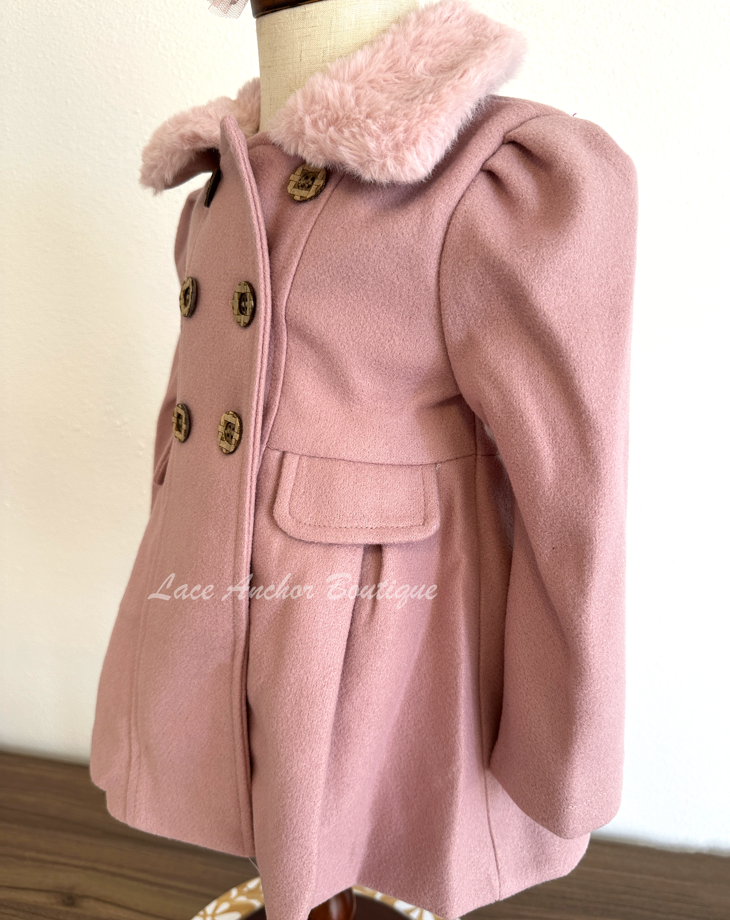 mauve pink coat for girls with faux fur trim, button closure, and silky lining