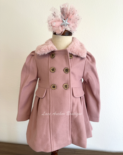 mauve pink coat for girls with faux fur trim, button closure, and silky lining