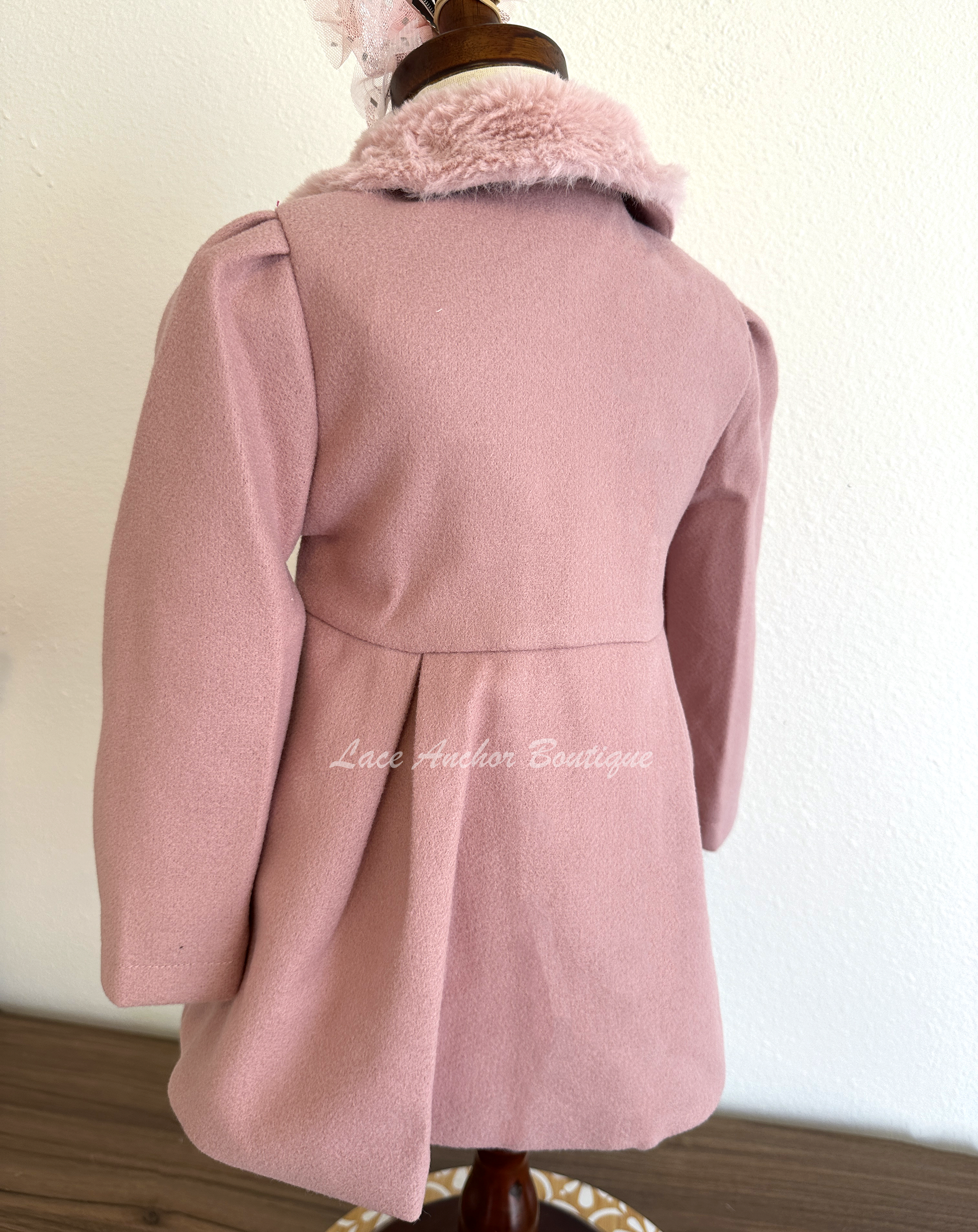 mauve pink coat for girls with faux fur trim, button closure, and silky lining