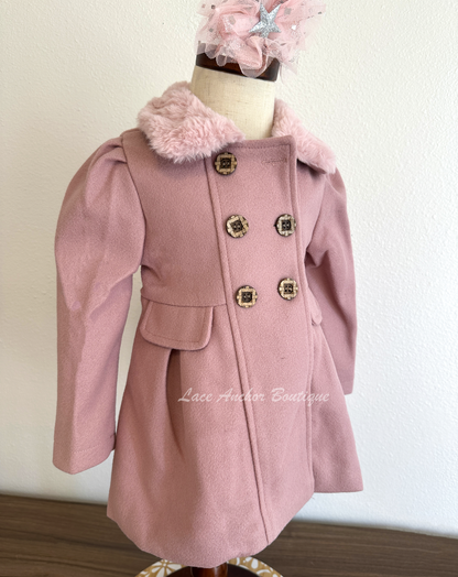 mauve pink coat for girls with faux fur trim, button closure, and silky lining