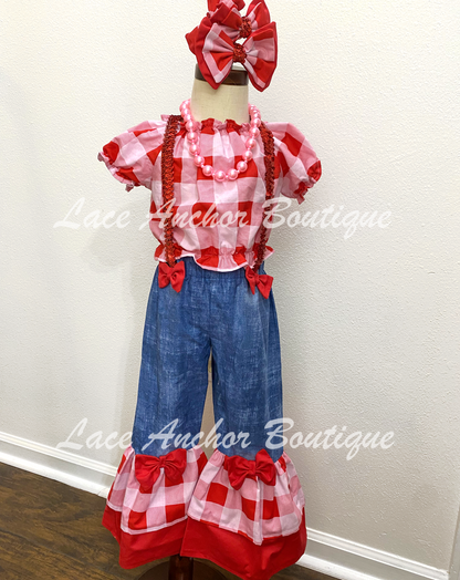 red and pink checkered pesant top with denim and printed with bows pants set. Sequin suspender toddler girls custom handmade pageant outfit set.