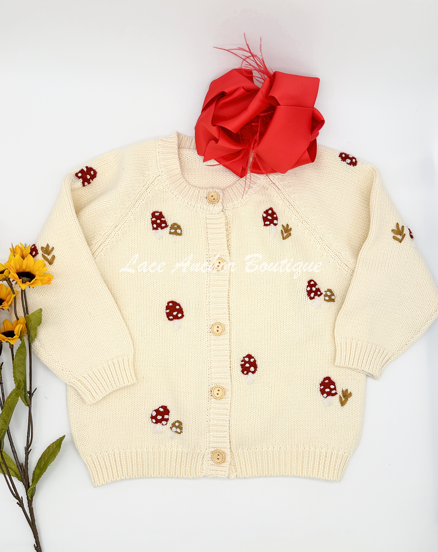 cream with red embroidered mushroom sweater cardigans for girls