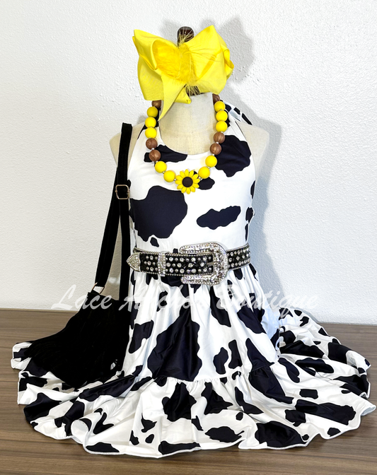 Amberly Black & White Cow Print Halter Dress