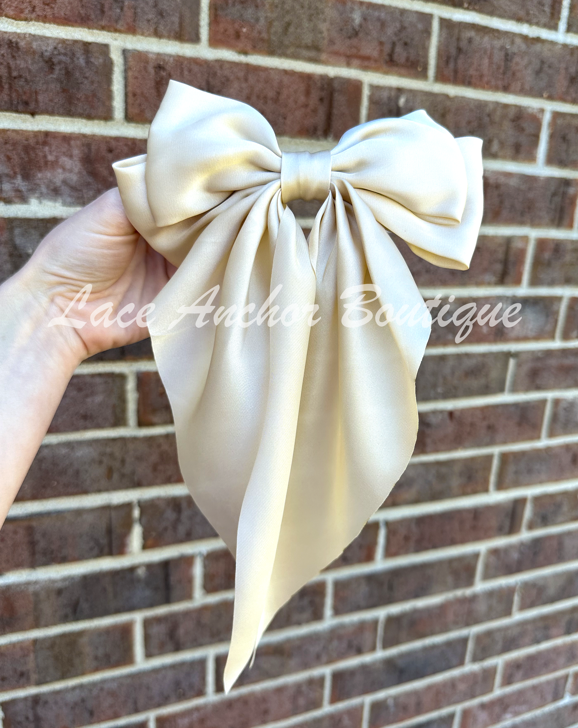 silk sikly sailor long tail girls hair bow in champagne beige