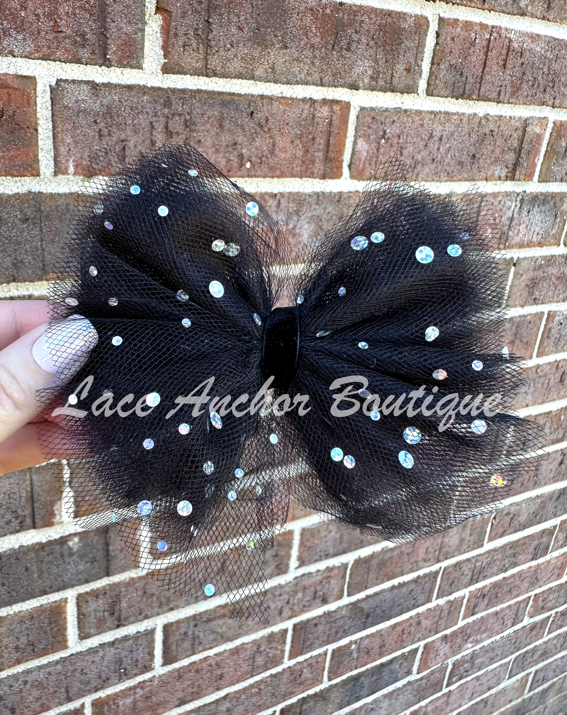 handmade custom tulle girls hair bow clips with silver sequin sparkles and glitter in black