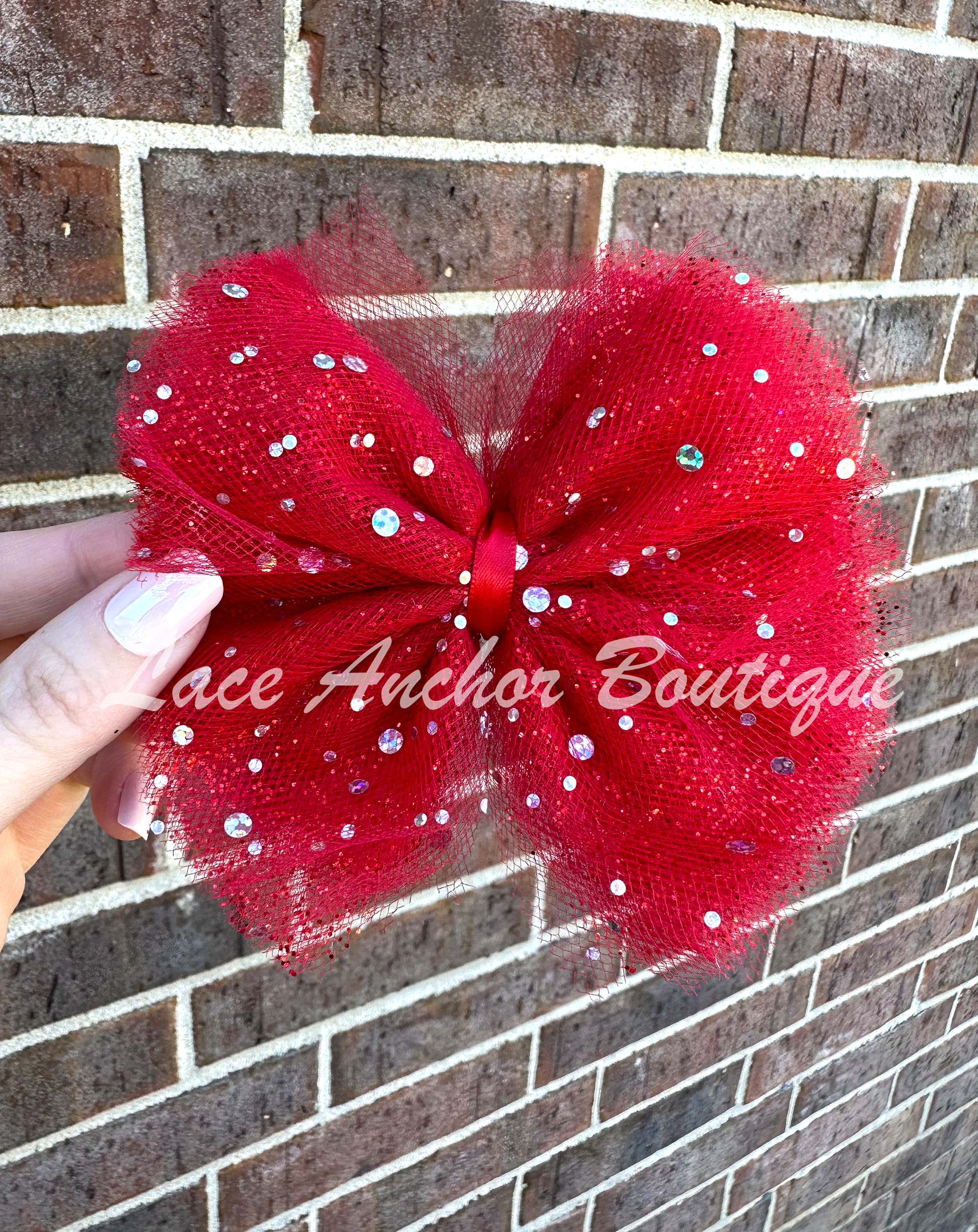 handmade custom tulle girls hair bow clips with silver sequin sparkles and glitter in red