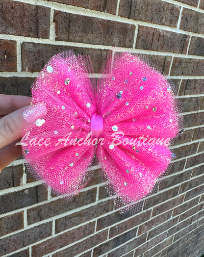 handmade custom tulle girls hair bow clips with silver sequin sparkles and glitter in hot pink
