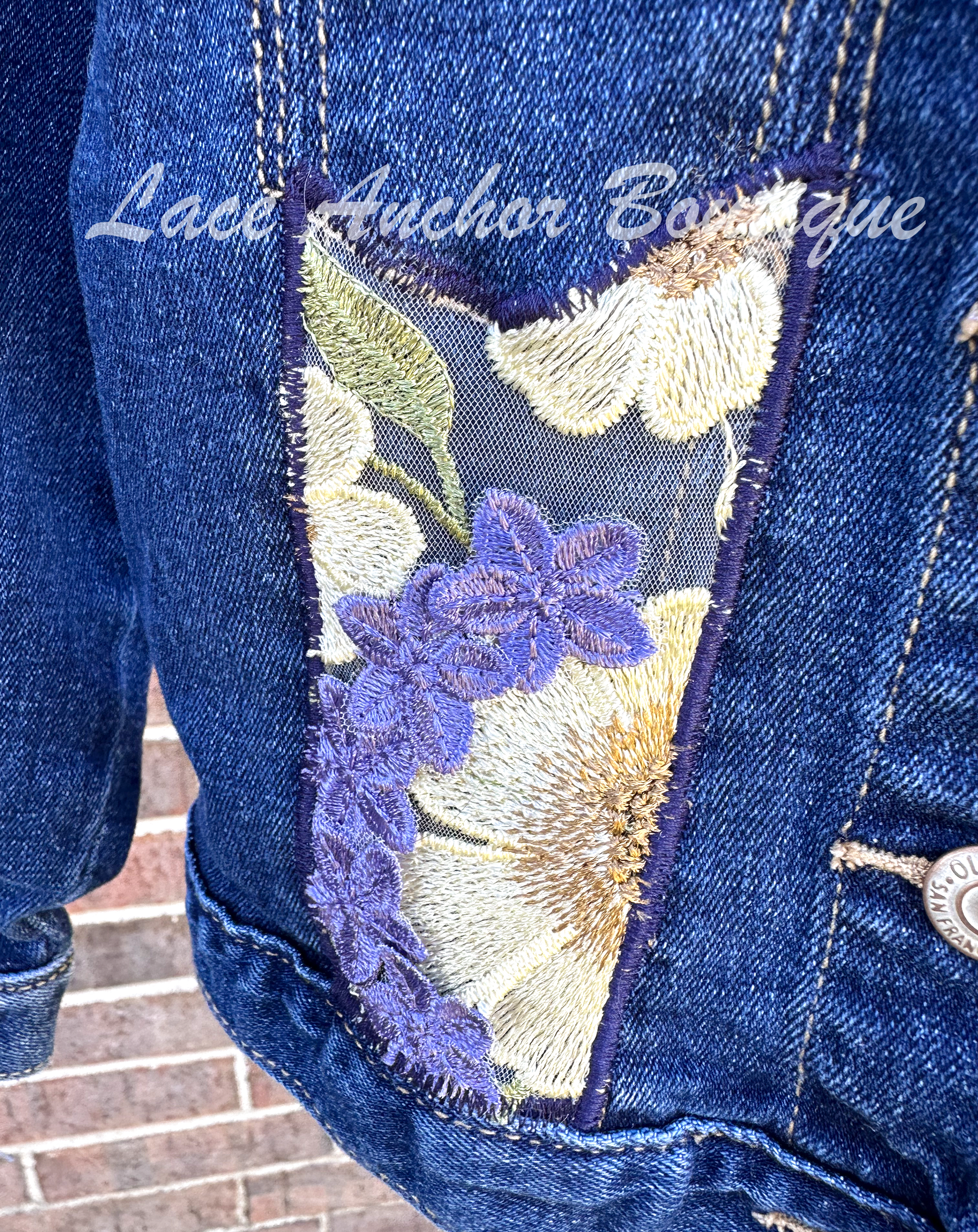 custom handmade upcycle toddler girls denim jacket with 3D floral emboridered patch.