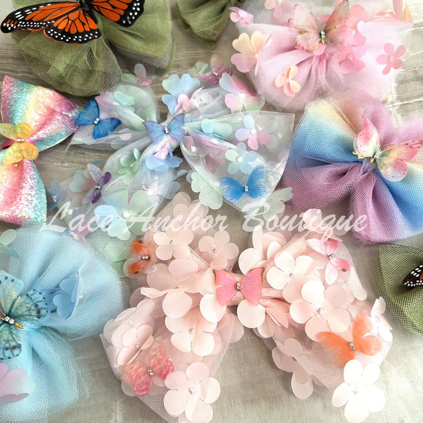 light blush pink or light blue tulle sailor style girls hair bow with butterflies