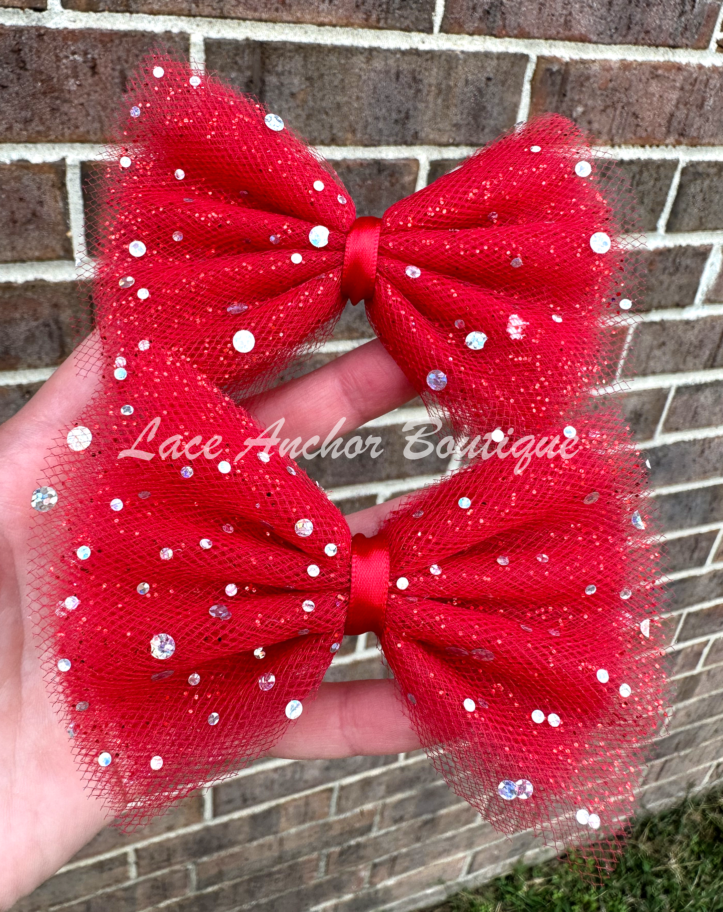 handmade custom tulle girls hair bow piggie clips with silver squin sparkles and glitter in red